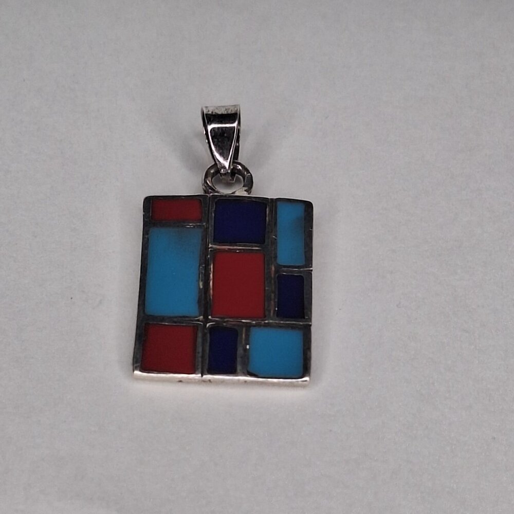 Vintage Sterling Silver Turquoise Coral Lapis Inlaid Rectangle Pendant  7.5g - Picture 4 of 12
